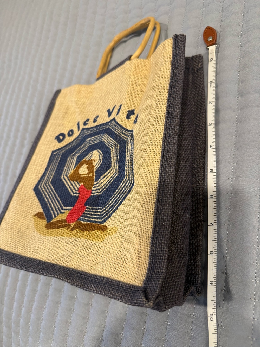 Source Unknown Beige Jute Tote with Navy Trim and Multicolor Embroidery - Picture 6 of 9